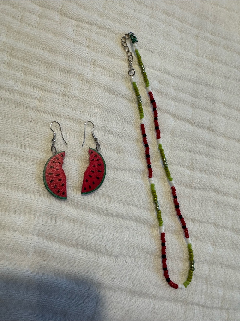 Handmade Watermelon Bead Necklace and Earrings Set - Red & Green